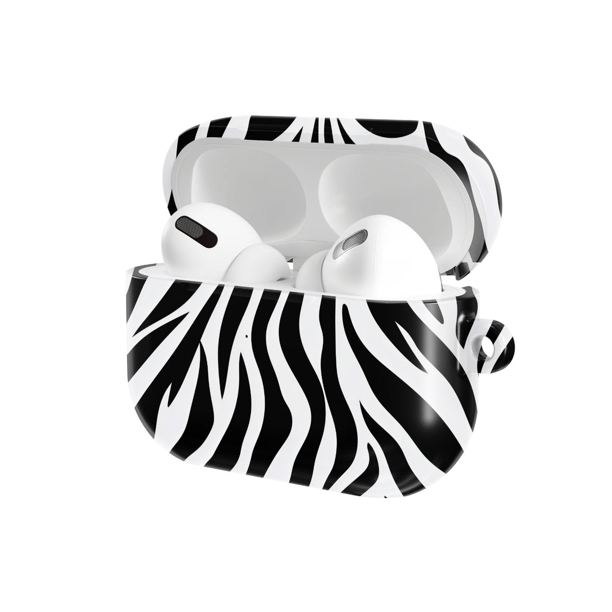 Zebra Stripe AirPods case — hard-shell earbuds cover, open angled view