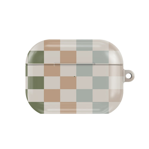 Muted Checkerboard AirPods case — hard-shell earbuds cover, closed front view