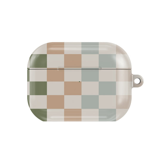 Muted Checkerboard AirPods case — hard-shell earbuds cover, closed front view