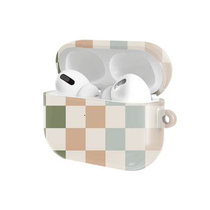 Muted Checkerboard AirPods case — hard-shell earbuds cover, open angled view