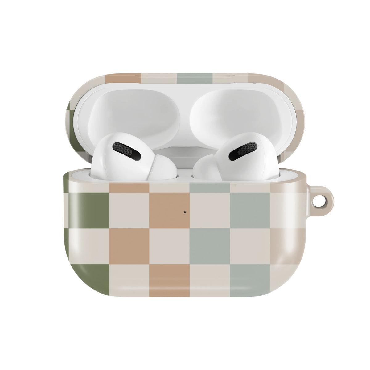 Muted Checkerboard AirPods case — hard-shell earbuds cover, open front view