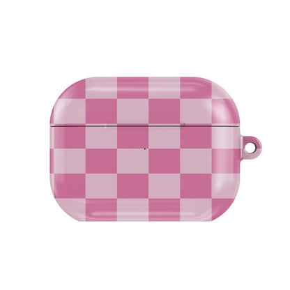 Pink Checkerboard AirPods case — hard-shell earbuds cover, closed front view