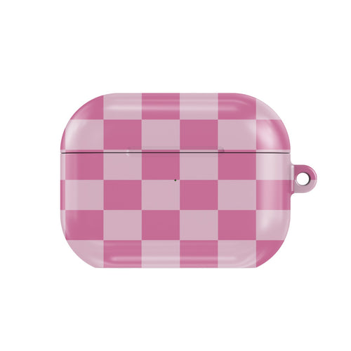 Pink Checkerboard AirPods case — hard-shell earbuds cover, closed front view