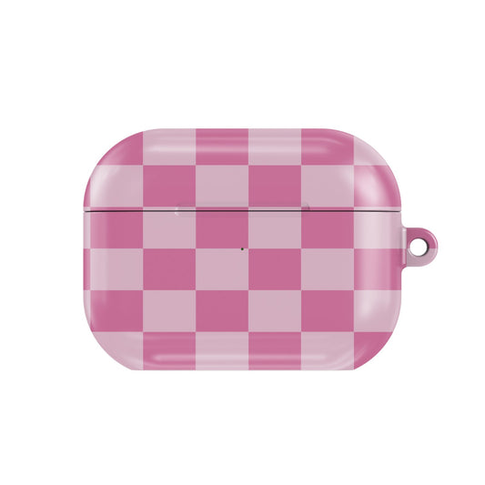Pink Checkerboard AirPods case — hard-shell earbuds cover, closed front view