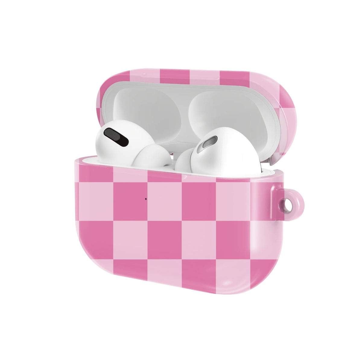 Pink Checkerboard AirPods case — hard-shell earbuds cover, open angled view