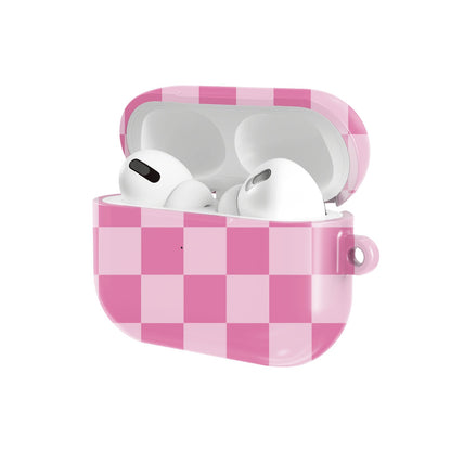 Pink Checkerboard AirPods case — hard-shell earbuds cover, open angled view