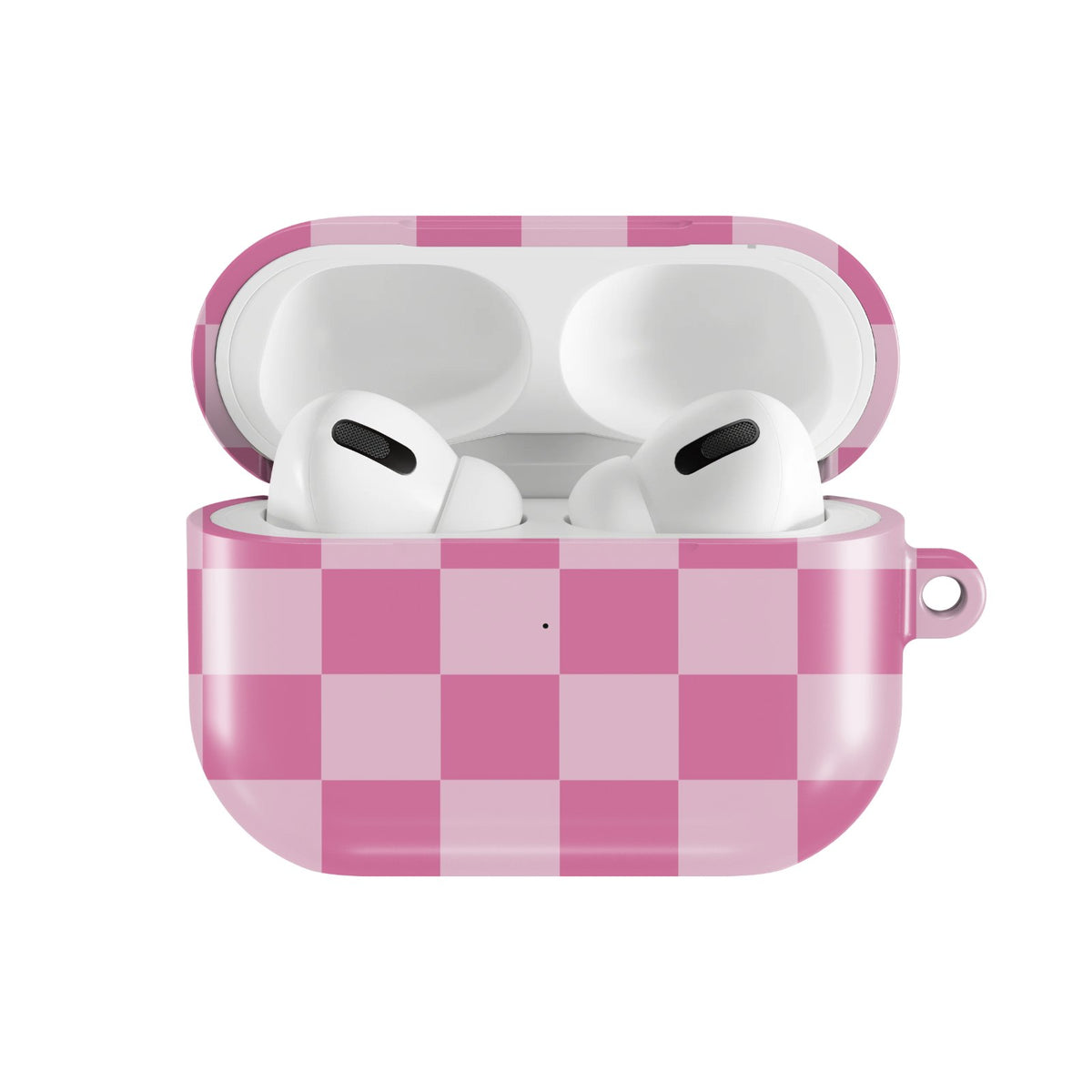 Pink Checkerboard AirPods case — hard-shell earbuds cover, open front view