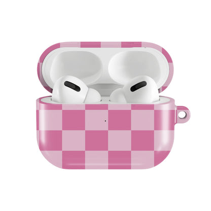 Pink Checkerboard AirPods case — hard-shell earbuds cover, open front view