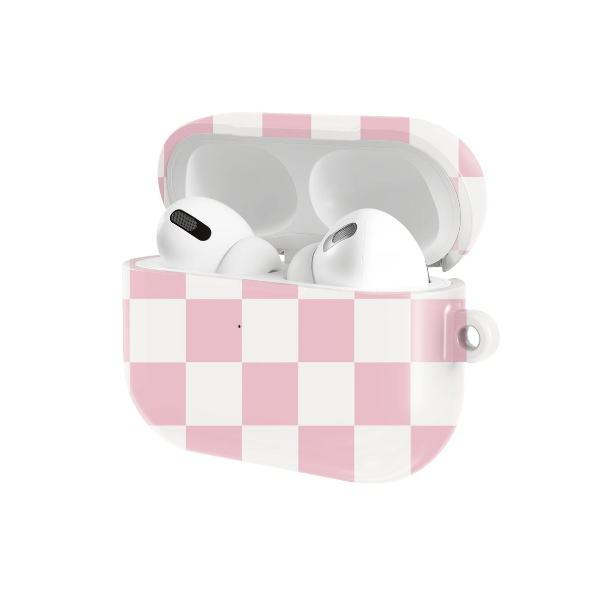 Pink & White Checkerboard AirPods case — hard-shell earbuds cover, open angled view