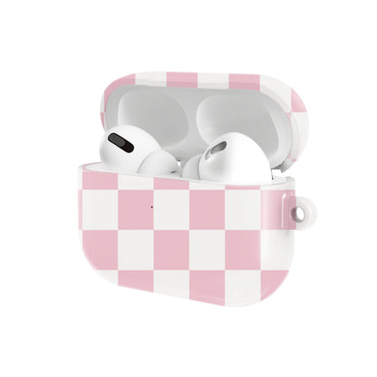 Pink & White Checkerboard AirPods case — hard-shell earbuds cover, open angled view