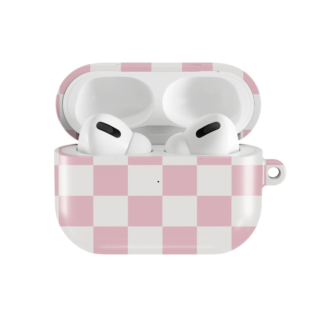 Pink & White Checkerboard AirPods case — hard-shell earbuds cover, open front view