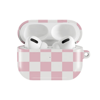 Pink & White Checkerboard AirPods case — hard-shell earbuds cover, open front view