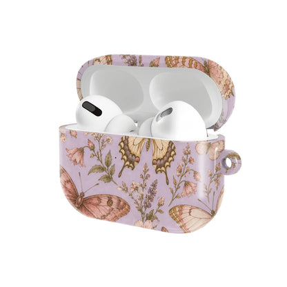 Lilac Butterfly AirPods case — hard-shell earbuds cover, open angled view