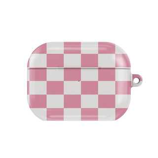 Rose & White Checkerboard AirPods case — hard-shell earbuds cover, closed front view