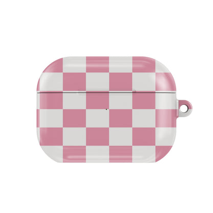 Rose & White Checkerboard AirPods case — hard-shell earbuds cover, closed front view