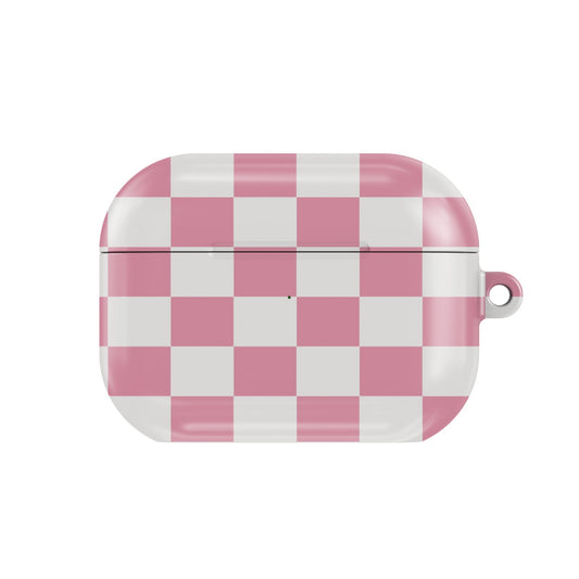 Rose & White Checkerboard AirPods case — hard-shell earbuds cover, closed front view