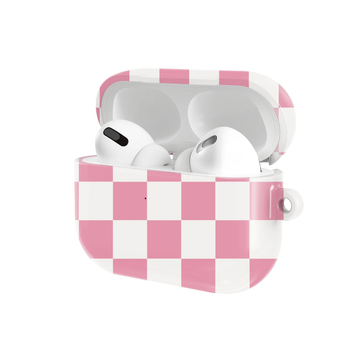 Rose & White Checkerboard AirPods case — hard-shell earbuds cover, open angled view