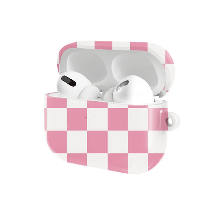 Rose & White Checkerboard AirPods case — hard-shell earbuds cover, open angled view