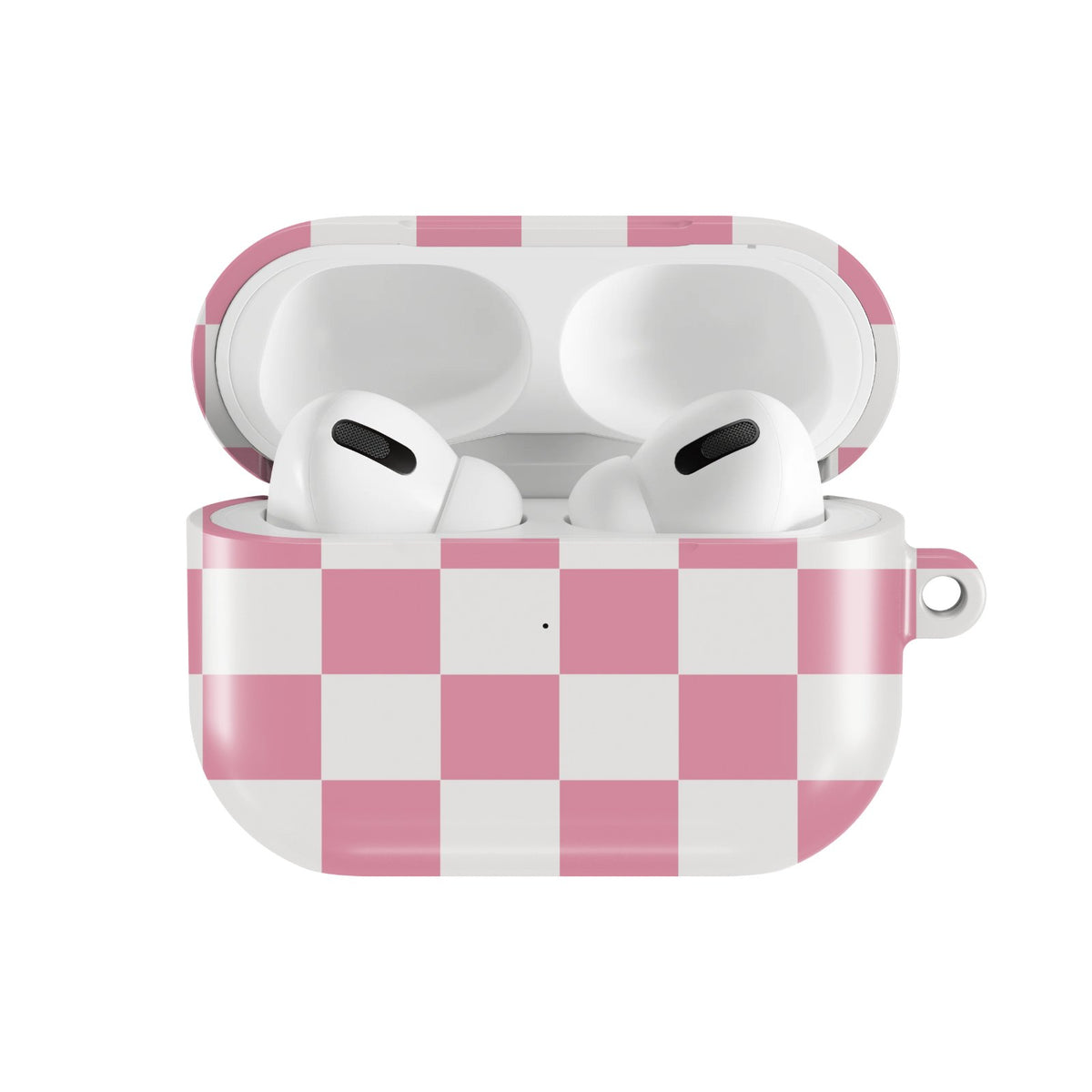 Rose & White Checkerboard AirPods case — hard-shell earbuds cover, open front view