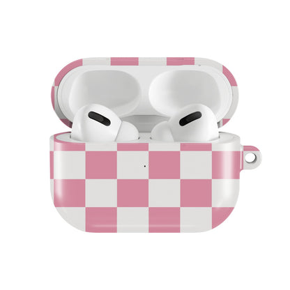 Rose & White Checkerboard AirPods case — hard-shell earbuds cover, open front view