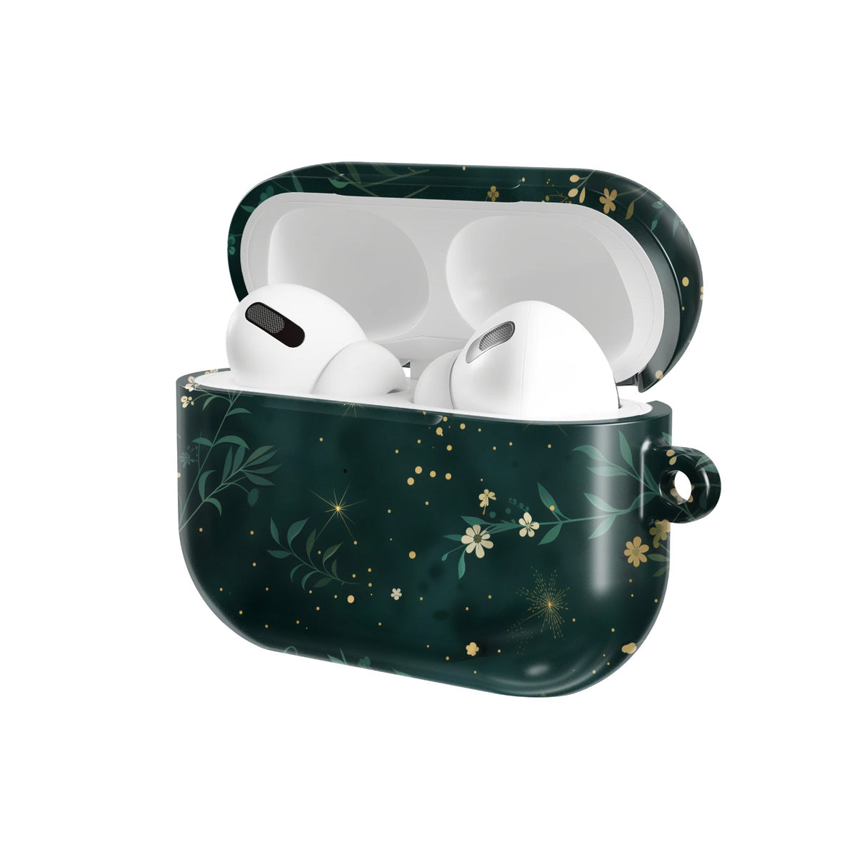 Night Garden AirPods case — hard-shell earbuds cover, open angled view