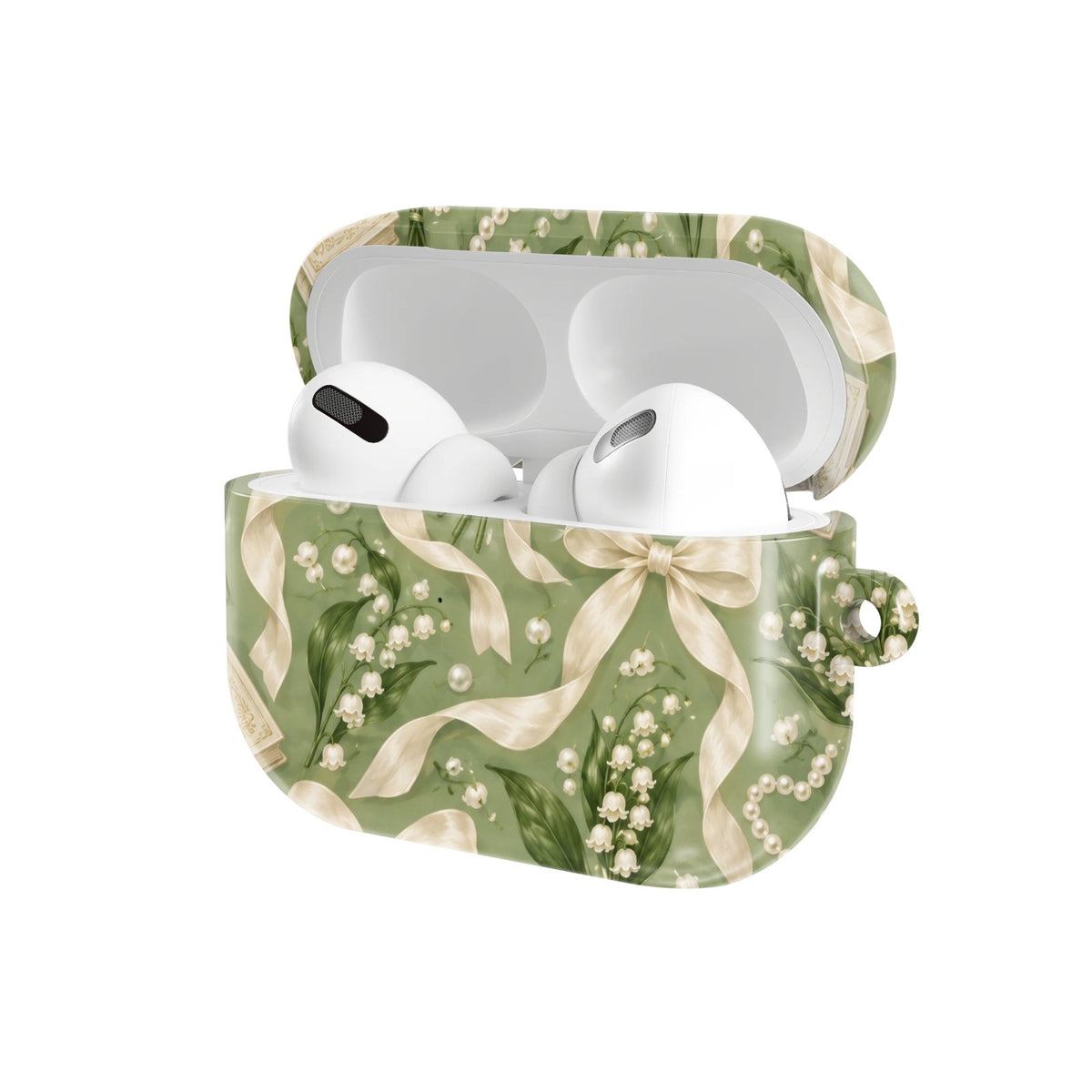 Lily of the Valley AirPods case — hard-shell earbuds cover, open angled view