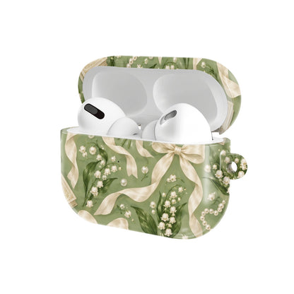 Lily of the Valley AirPods case — hard-shell earbuds cover, open angled view
