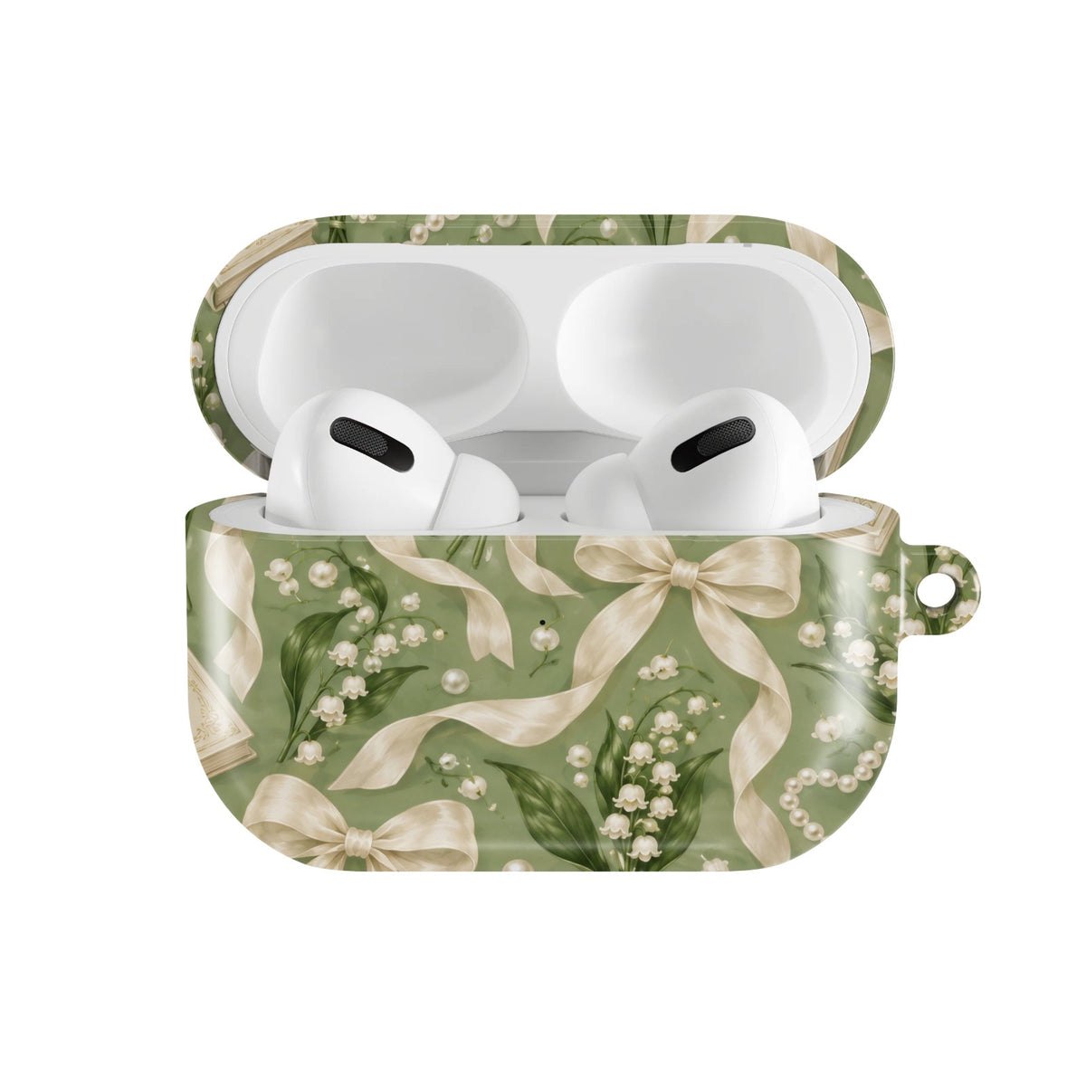 Lily of the Valley AirPods case — hard-shell earbuds cover, open front view