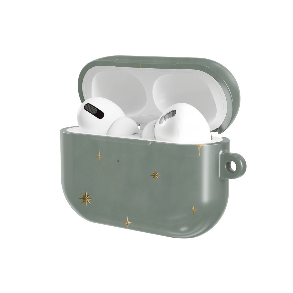 Sage Crescent Moon AirPods case — hard-shell earbuds cover, open angled view