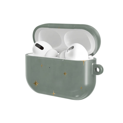 Sage Crescent Moon AirPods case — hard-shell earbuds cover, open angled view