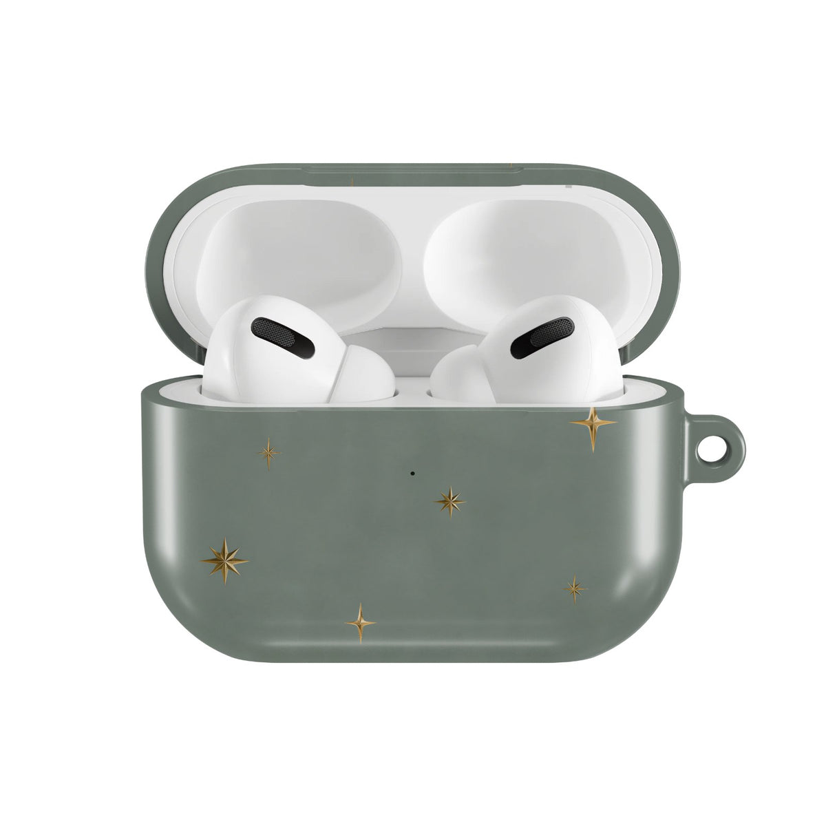 Sage Crescent Moon AirPods case — hard-shell earbuds cover, open front view