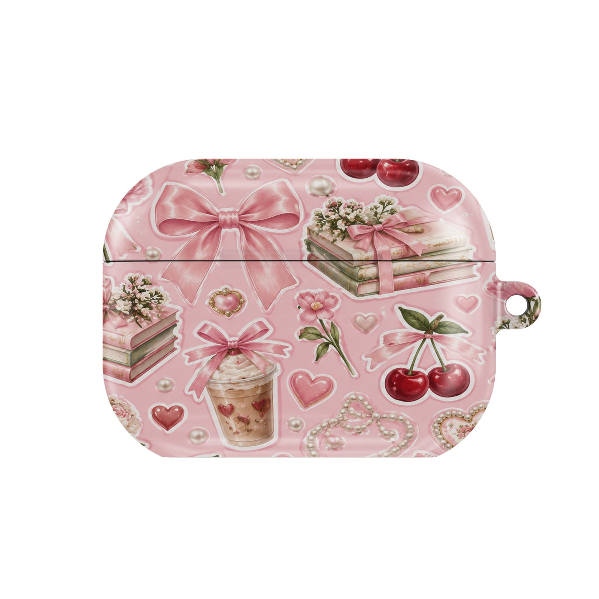 Pink Lattes & Cherries AirPods case — hard-shell earbuds cover, closed front view