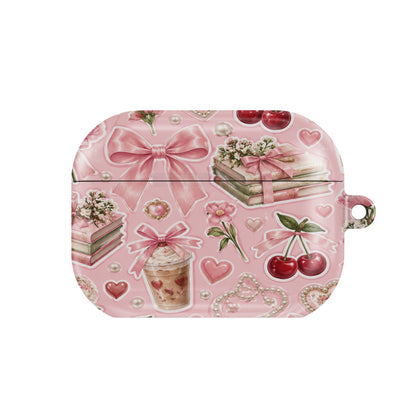 Pink Lattes & Cherries AirPods case — hard-shell earbuds cover, closed front view
