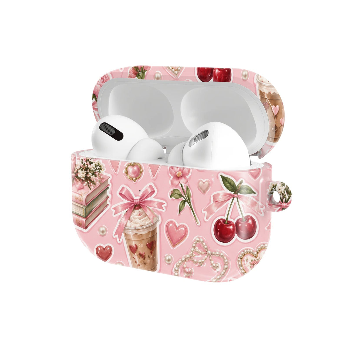 Pink Lattes & Cherries AirPods case — hard-shell earbuds cover, open angled view