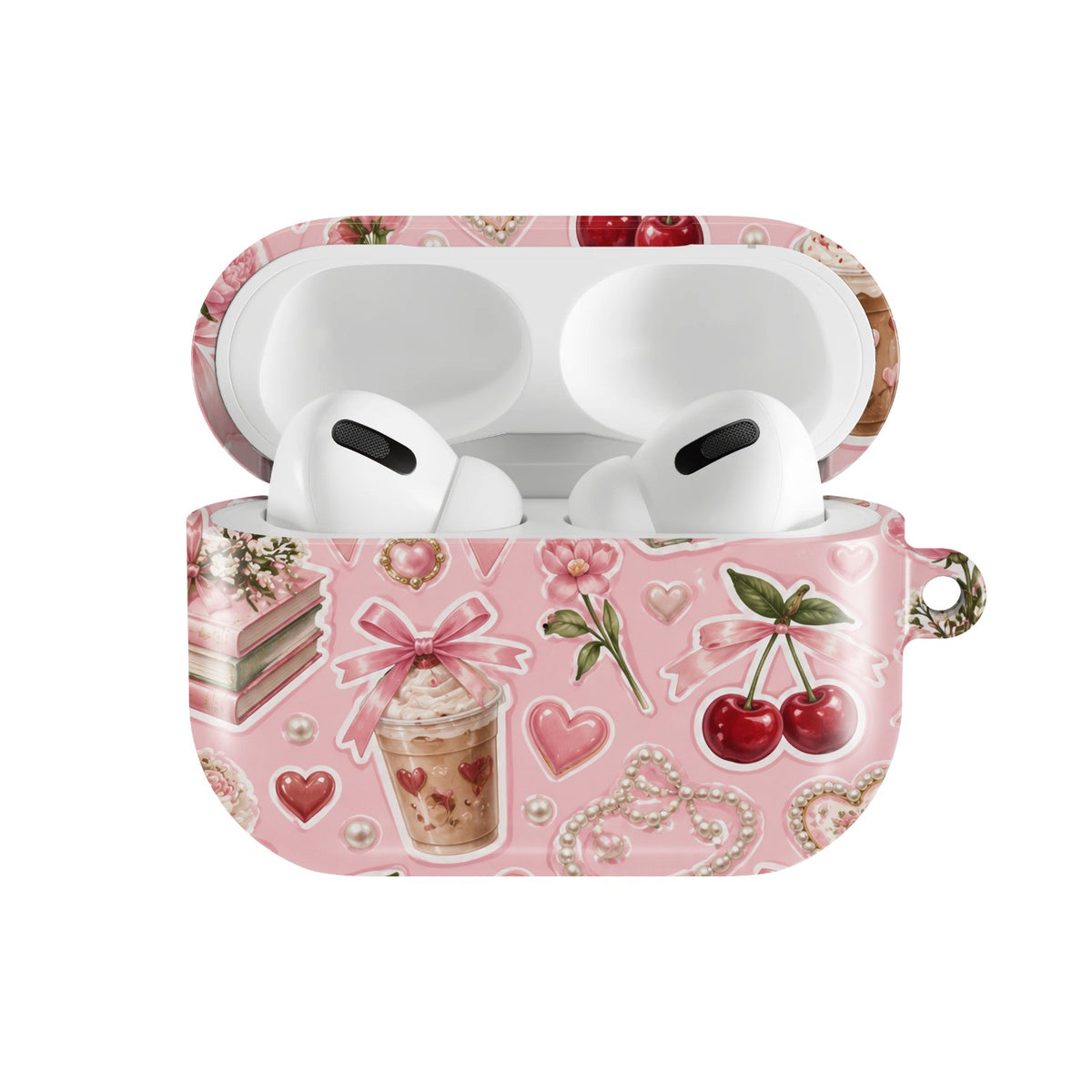 Pink Lattes & Cherries AirPods case — hard-shell earbuds cover, open front view