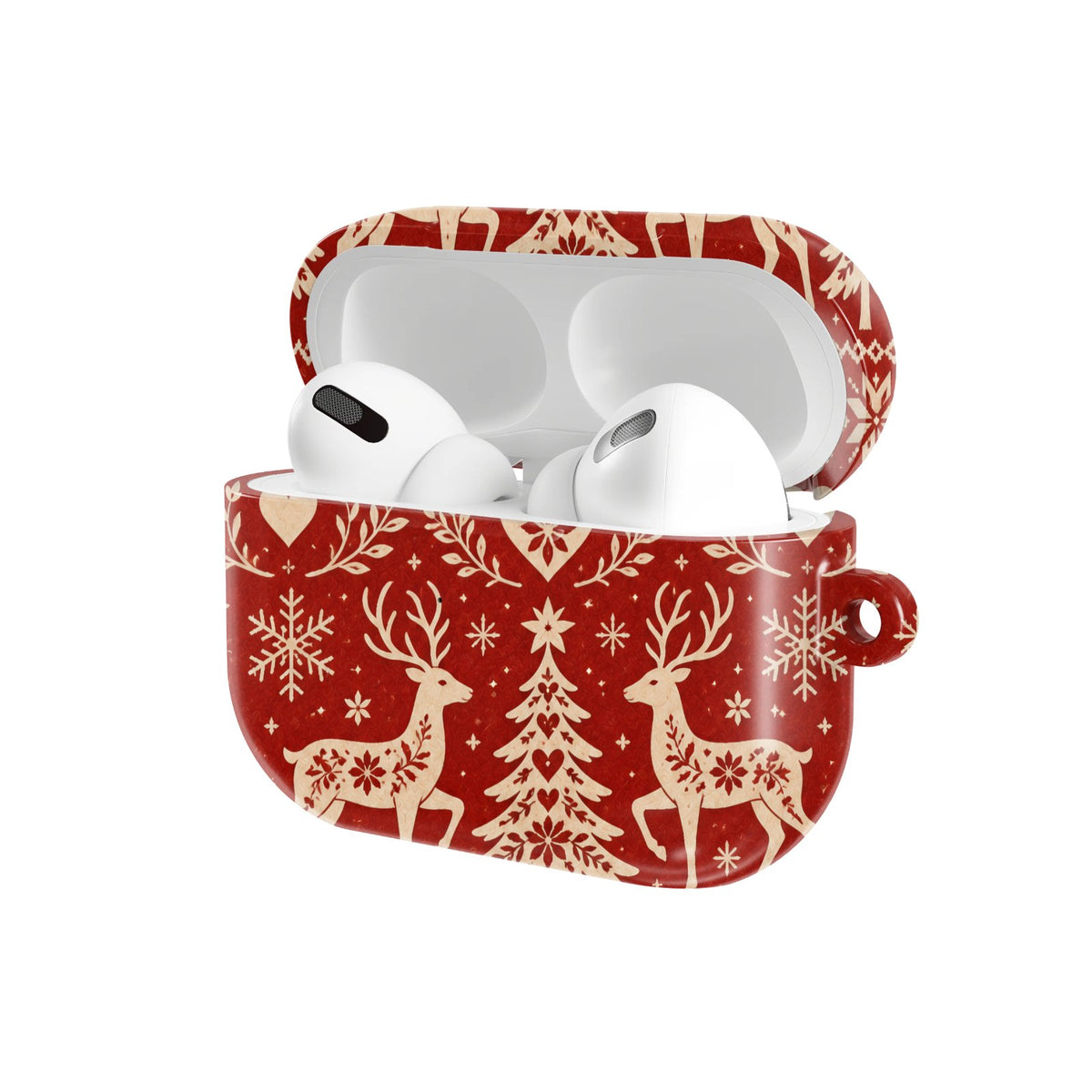 Nordic Reindeer AirPods case — hard-shell earbuds cover, open angled view