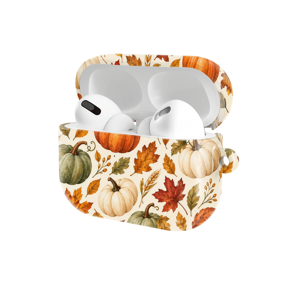 Pumpkin Patch AirPods case — hard-shell earbuds cover, open angled view