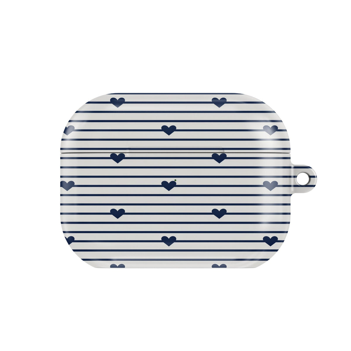 Navy Stripe Hearts AirPods case — hard-shell earbuds cover, closed front view