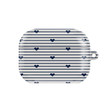 Navy Stripe Hearts AirPods case — hard-shell earbuds cover, closed front view