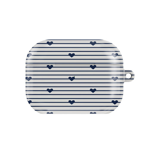 Navy Stripe Hearts AirPods case — hard-shell earbuds cover, closed front view