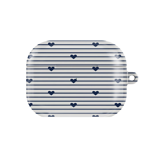 Navy Stripe Hearts AirPods case — hard-shell earbuds cover, closed front view