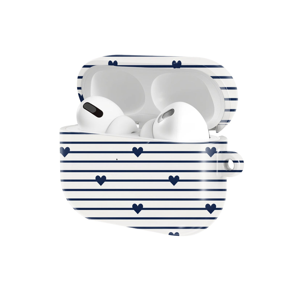 Navy Stripe Hearts AirPods case — hard-shell earbuds cover, open angled view