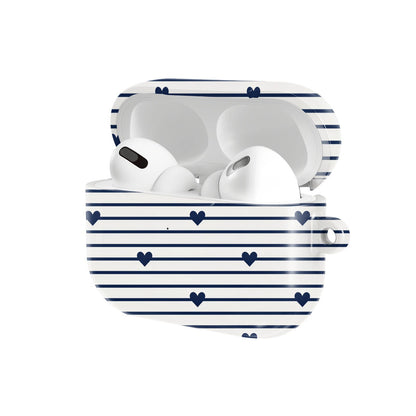 Navy Stripe Hearts AirPods case — hard-shell earbuds cover, open angled view