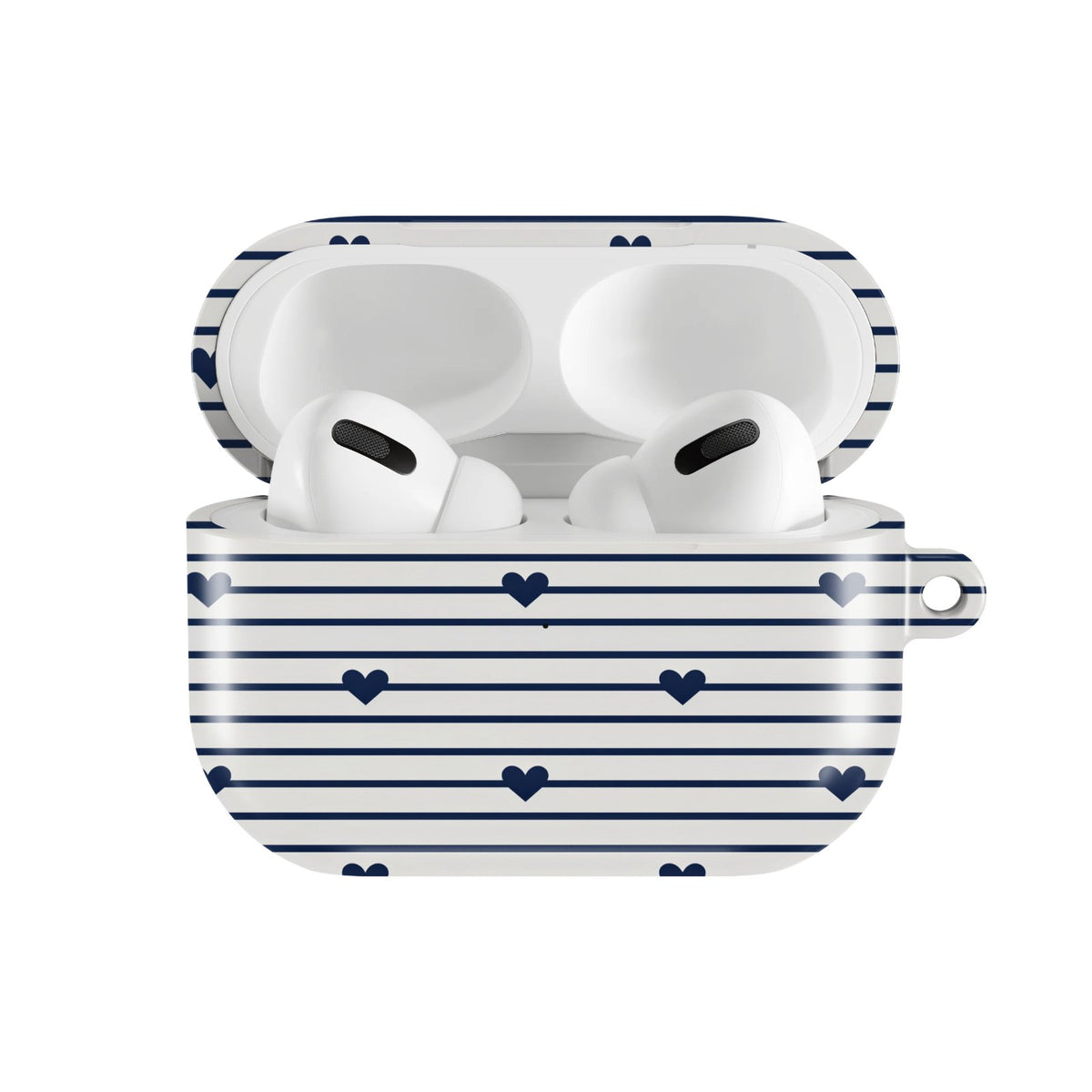 Navy Stripe Hearts AirPods case — hard-shell earbuds cover, open front view