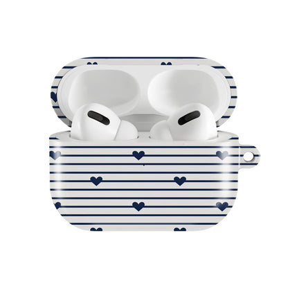Navy Stripe Hearts AirPods case — hard-shell earbuds cover, open front view