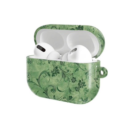 Moss Damask AirPods case — hard-shell earbuds cover, open angled view
