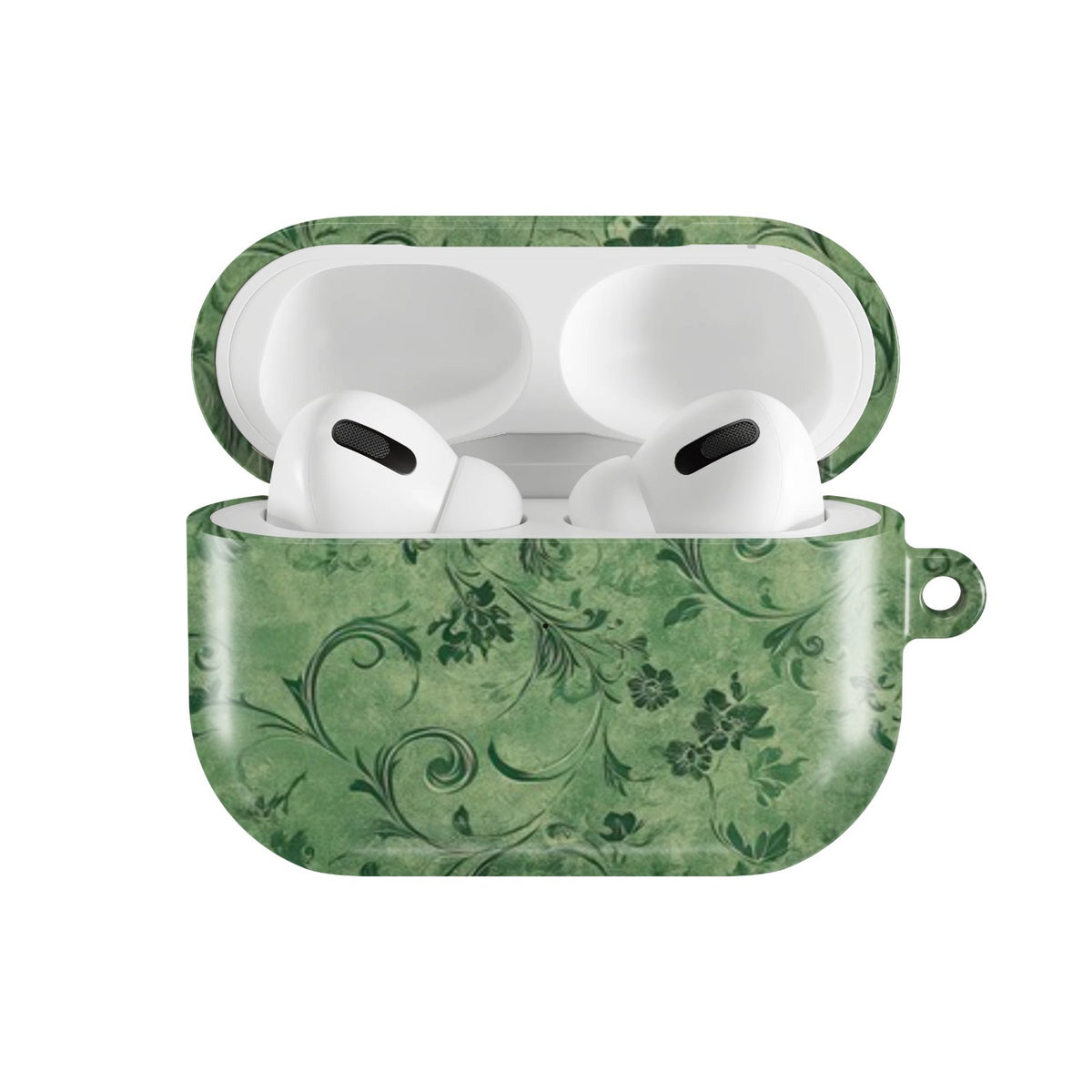 Moss Damask AirPods case — hard-shell earbuds cover, open front view
