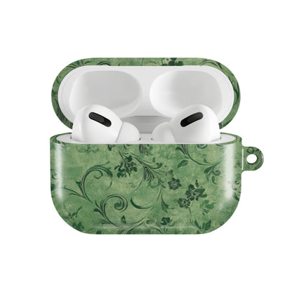 Moss Damask AirPods case — hard-shell earbuds cover, open front view