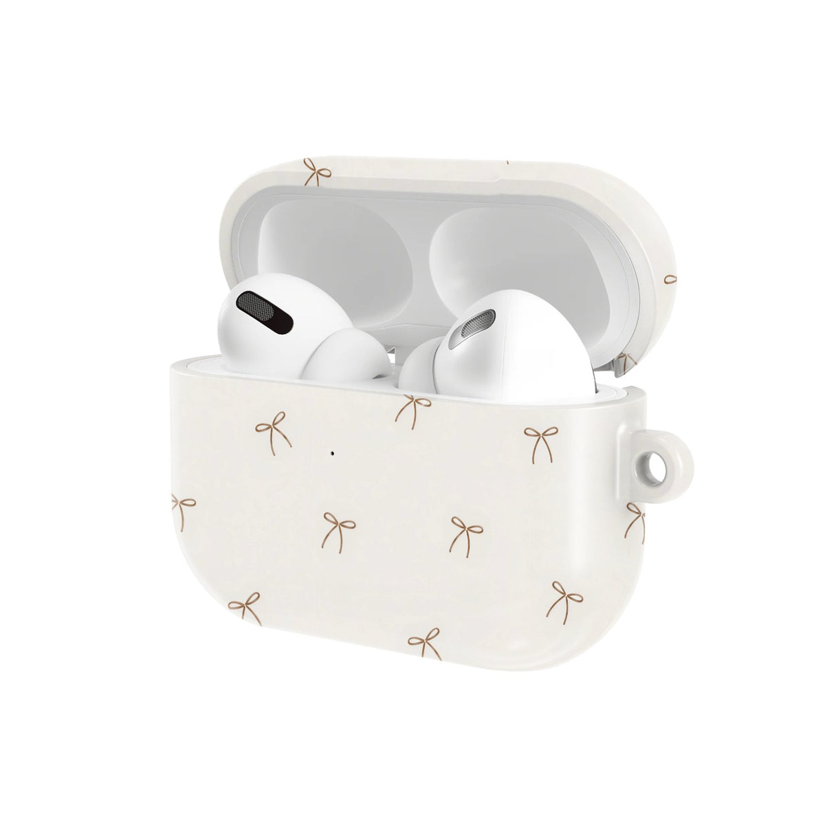 Taupe Bows AirPods case — hard-shell earbuds cover, open angled view