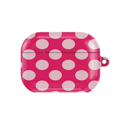 Raspberry Polka Dot AirPods case — hard-shell earbuds cover, closed front view
